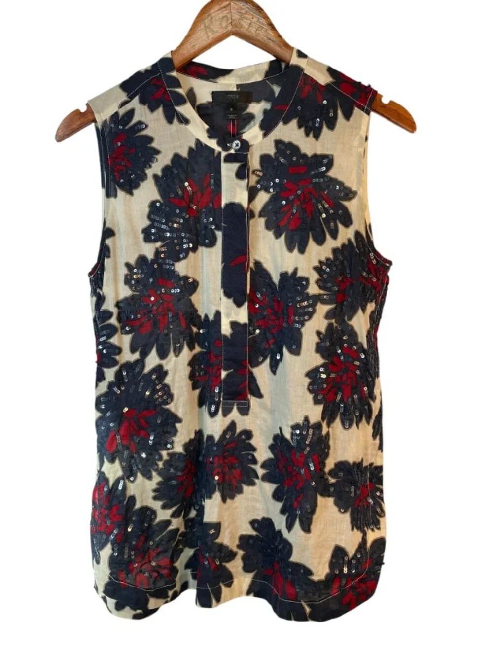 J.Crew Sequined Floral Sleeveless Cotton Blouse Cream Navy Red Size 6